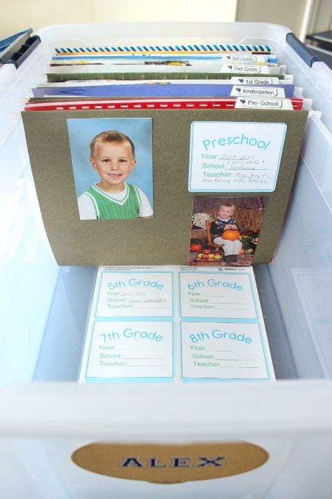 Put together a school memories box for each of your kids’ best or most special work from every year. | 7 Easy Organizing Tricks You'll Actually Want To Try Kids School Papers, Uppfostra Barn, Vogue Kids, Memories Box, Kids Memories, School Memories, Organization Kids, How To Organize, School Organization