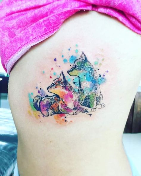 Wolf Fox Tattoo, Wolf Mom Tattoo, Baby Wolf Tattoo, Wolves Tattoo, Watercolor Wolf Tattoo, Wolf Tattoos For Women, Pair Tattoos, Small Watercolor Tattoo, Watercolor Tattoo Ideas