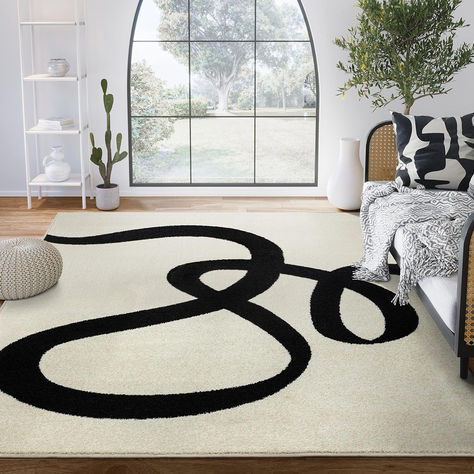 Beige/Black Area Rug - 4'x6' - Modern Curved Line Design Mid Century Modern Bedroom, Functional Decor, Black Area Rugs, Abstract Rug, White Area Rug, Indoor Rugs, Line Design, Bronx, Modern Bedroom