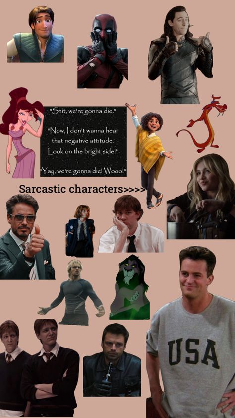 Most of the are marvel lol #sarcasticcharacters Underrated Marvel Characters, Sarcastic Side Character, Sarcastic Character Quotes, The Sarcastic Villain, Sagittarius Characters In Movies, Marvel Characters Quiz, Negative Attitude, On The Bright Side, Movie Characters