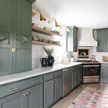 Green Kitchen with Corner Hood and Range - Cottage - Kitchen Sherwin Williams Green Cabinets Kitchen, Green Kitchenette, Green Beadboard, Kitchen Beadboard, Downstairs Kitchen, Corner Stove, Olive Green Kitchen, Botanical Kitchen, Pewter Green