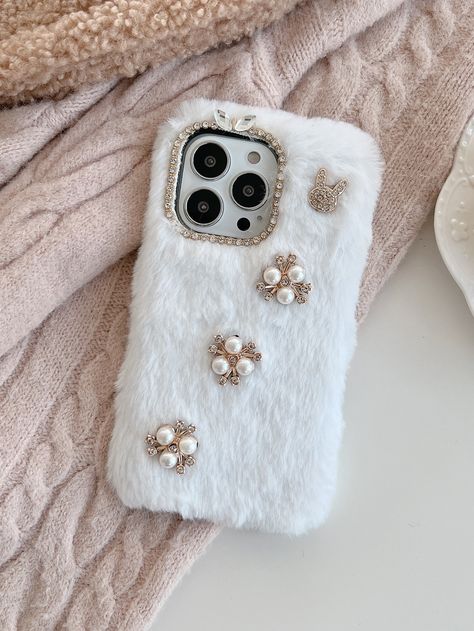 Fur Phone Case, Plain Phone Cases, Fluffy Phone Cases, Air Pod, White Phone Case, Airpods Cases, Bow Accessories, Girly Accessories, Rhinestone Decor