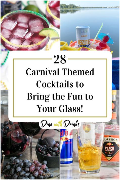 Collage of 4 carnival themed cocktails. Carnival Theme Drinks, Clown Themed Alcoholic Drinks, Circus Themed Alcoholic Drinks, Clown Cocktail, Circus Cocktails, Carnival Cocktails, Carnival Drinks, Theme Drinks, Cruise Drinks