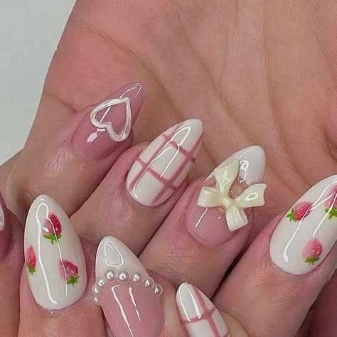 Rachel Le on Instagram: "Sweet like a strawberry shortcake 🍓🍰💕   @apresnailofficial almond Short  Inspo: @bunnymei.nails" Gel X Oval Nails, Strawberry Nails Ideas, Pink Gel X Nails Short, Nails Strawberry Shortcake, Short Nail Designs Strawberry, Croquette Nails Almond, Short Acrylic Nails Coquette, Girlish Nail Art, Short Nail Cute Designs