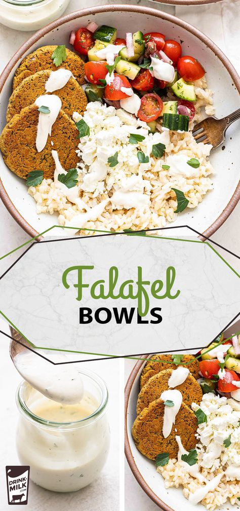 Rice bowls topped with baked falafel, tomato cucumber salad, feta, and creamy tahini yogurt dressing. Falafel Rice Bowl, Salad Feta Cheese, Falafel Bowls, Salad Feta, Falafel Bowl, Cheese Alternatives, Baked Falafel, Tomato Cucumber Salad, Yogurt Dressing