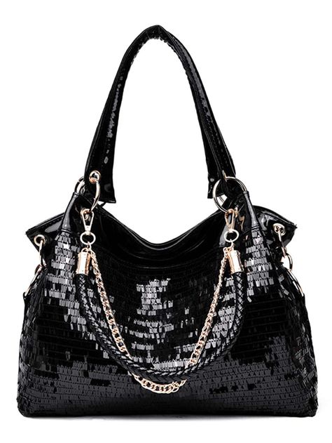 Black Fashionable Collar  PU Leather Plain Shoulder Tote Bag Embellished   Women Bags Sequin Purse, Patent Leather Bag, Hobo Crossbody Bag, Patent Leather Handbags, Sequin Decor, Commuter Bag, Handbags Casual, Black Leather Purse, Leather Bag Women