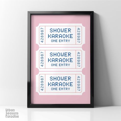 Product description. -Add some fun to your space with this Retro Shower Karaoke Ticket wall art! Perfect for bringing a quirky touch to your bathroom or any room that needs a laugh. With its vintage ticket design and playful vibe, this piece is sure to make you smile every time you see it. Great for music lovers, karaoke fans, or anyone who loves to sing in the shower. Brighten up your home with this unique and cheerful artwork! ⭐︎ More Shower Karaoke Ticket, Trendy&Inspiration Quote ▸ https://w Shower Karaoke, Retro Pink Bathroom, Singing Funny, Ticket Style, Vintage Ticket, Bathroom Posters, Concert Ticket, Ticket Design, Funny Bathroom Decor