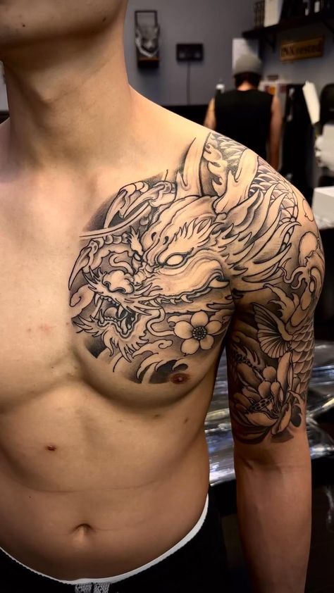 Tattoo Chest And Shoulder, Chest Tattoo Japanese, Dragon Tattoo Shoulder, Dragon Tattoo Chest, Dragon Tattoos For Men, Dragon Sleeve, Dragon Tattoo Art, Japanese Dragon Tattoo, Dragon Sleeve Tattoos