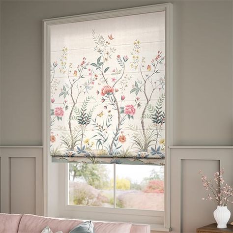 Watercolour wash greens, classical vintage pinks and hazy blues, these subdued pastel hues set the tone for a whimsical fantasy in the Chinoiserie Natural Roman Blind, part of our Ideal Home collection.   The complimenting shades and beautiful botanical pattern featuring florals, butterflies and long stems of branch and grass, make for a tender story that cascades across your window. Soft and cosy too, the soft white weave linen fabric brings the design to life and will work wonders in a pastel- Kitchen Blinds Ideas, Rattan Blinds, Natural Roman Blinds, Roman Blinds Living Room, Classic Blinds, Watercolour Wash, Cottagecore Kitchen, Panel Blinds, Roman Curtains