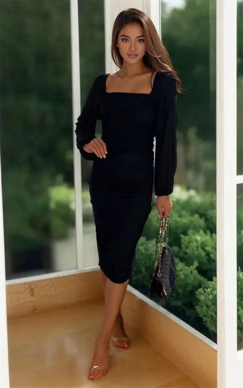 Black Full Sleeve Dress, Black Ruched Midi Dress, Full Sleeves Dress, Breastfeeding Friendly Dresses, Dress Miss, Wrap Dress Midi, Black Shoes Heels, Long Sleeve Dress Formal, Voluminous Sleeves