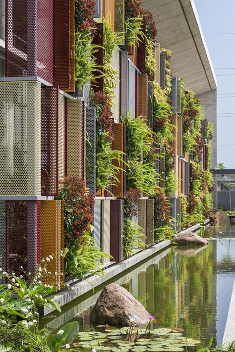 Green Building Architecture, Administrative Building, Green Inspo, Urban Gardens, Green Facade, Concrete Facade, Green Architecture, Hanoi Vietnam, Facade Architecture