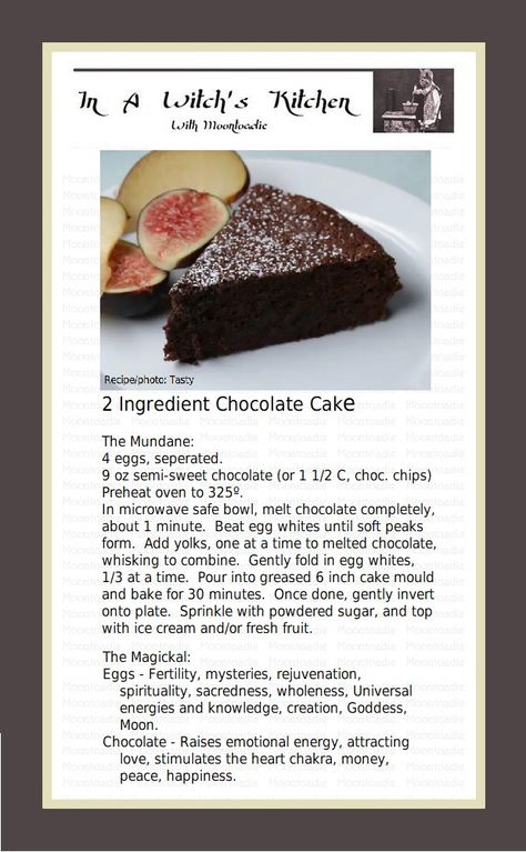 2-Ingredient Chocolate Cake. Wiccan Cake Ideas, Witchcraft Baking Recipes, Wiccan Desserts, Kitchen Witch Recipes Desserts, Witchy Cooking Recipes, Kitchen Witch Baking Recipes, In A Witches Kitchen Recipes, Kitchen Witch Recipes Cooking, Witchy Recipes Food