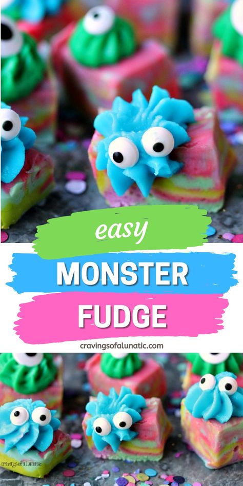 Pieces of colorful swirled fudge topped with icing and googly eyes so each piece of fudge looks like a little monster. Pieces of fudge are on a grey marble counter with brightly colored paper confetti all around it. Monster Fudge, Fudge Ideas, Halloween Fudge, Colour Monster, Halloween Finger Foods, Themed Recipes, Homemade Fudge Recipes, Pallet Ceiling, Fudge Flavors