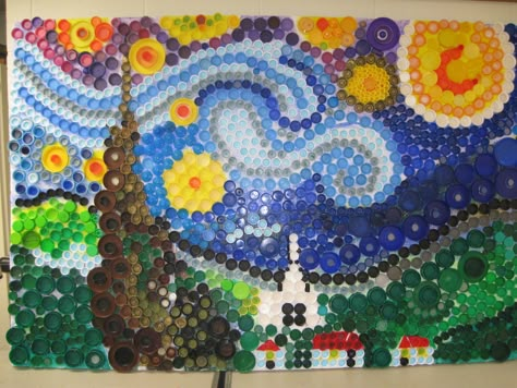 "Bottle Cap Starry Night" - Earth Day Art Project Ottawa Hills Elementary Cindy Bodziak - Art Instructor Bottle Top Art, Plastic Bottle Tops, Recycle Bottle Caps, Bottle Top Crafts, Group Art Projects, Dream Classroom, Recycled Art Projects, Bottle Cap Art, Cap Art