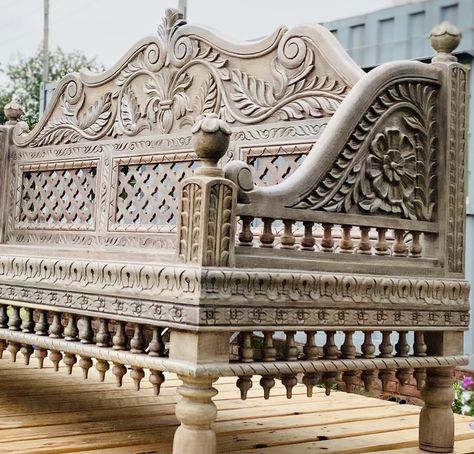 Hand carved Divan/Sofa made in high quality Rosewood . Diwan Design, Dewan Sofa, Traditional Bedroom Furniture Sets, Divan Sofa, Rustic Bed, Rosewood Furniture, Carved Beds, Carved Sofa, Carved Bench