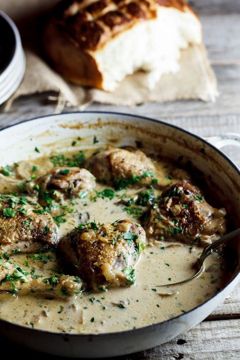 Deeply savoury and delicious, Nigel Slater's Coq au Riesling will quickly become a favorite quickly. Chicken cooked with white wine, cream and mushrooms. #chicken #dinnerrecipe Fall Meal, Nigel Slater, Bacon Stuffed Mushrooms, Braised Chicken, Think Food, It Goes On, Riesling, Poultry Recipes, Chicken Dinner