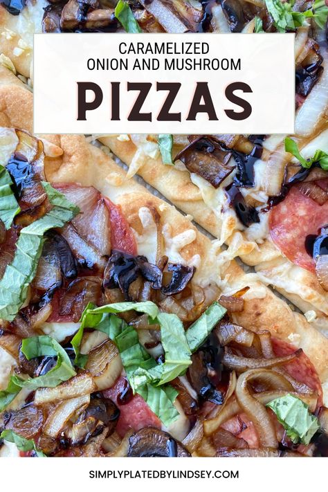 Try these new Caramelized Onion and Mushroom Pizzas for an easy weeknight dinner in 30 minutes or less! Store-bought flatbread, pizza crust, or pizza dough with a olive oil and garlic base topped with perfectly caramelized onions, mushrooms, salami, three cheese blend, balsamic glaze, and fresh basil. These pizzas will quickly become a favorite on the weekly rotation! Carmelized Onions And Mushrooms, Flatbread Pizza Crust, Olive Oil Pizza, Caramelized Onion Pizza, Mushroom Pizza Recipes, Naan Pizza Recipes, Caramelized Onions And Mushrooms, Arugula Pizza, Balsamic Glazed Chicken