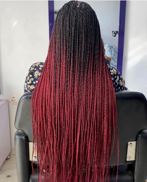 Black And Red Ombre Braids, Red Ombre Braids Black Women, Ombre Burgundy Box Braids, Black To Red Ombre Braids, Deep Red Braids, Ombre Red Box Braids, Red Ombré Braids, Maroon Box Braids, Red Ombre Braids