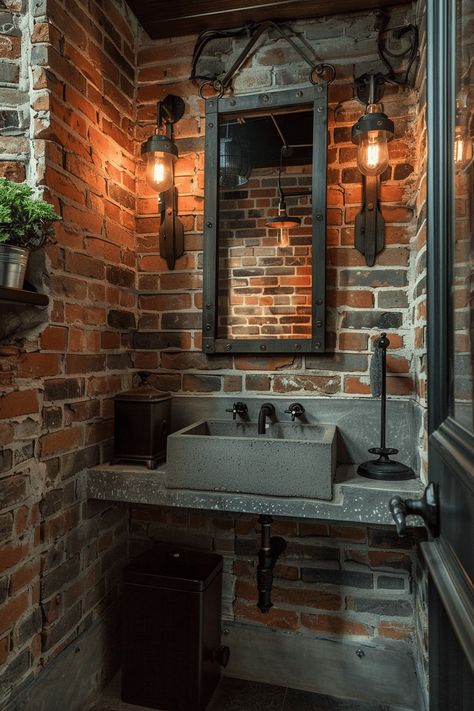 36+ Powder Room Ideas to Transform Your Small Space Industrial Public Restroom Design, Industrial Interior Design Bathroom, Repurposed Interior Design, Mancave Bathroom Ideas, Industrial Powder Room, Brick Bathroom Ideas, Exposed Brick Bathroom, Industrial Bathroom Ideas, Brick Bathroom