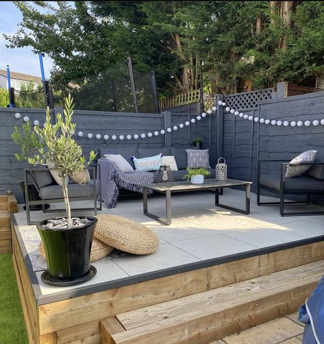 Small Decked Area, Raised Garden Patio Ideas, Raised Porcelain Patio, Raised Decking Ideas Garden, Small Decking Area, Raised Decking Ideas, Raised Patio Ideas, Sloped Garden Ideas, Raised Decking