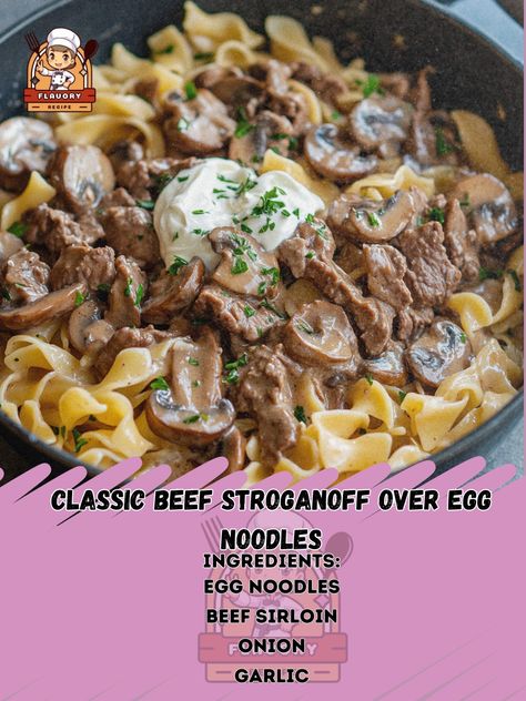 🍽️🥩 Experience comfort food at its finest with Classic Beef Stroganoff over Egg Noodles! A must-try for dinner! Classic Beef Stroganoff over Egg Noodles Ingredients: Egg noodles (8 oz) Beef sirloin (1 lb, thinly sliced) Onion (1, chopped) Garlic (2 cloves, minced) Mushrooms (8 oz, sliced) Beef broth (1 cup) Sour cream (1 cup) Flour (2 tbsp) Olive oil (2 tbsp) Salt and pepper (to taste) Fresh parsley (for garnish) Instructions: Cook egg noodles according to package instructions; drain and ... Sour Cream Egg Noodles, Classic Beef Stroganoff, Sliced Onion, Beef Sirloin, Daily Recipes, Creamed Eggs, Beef Stroganoff, Egg Noodles, Chopped Garlic