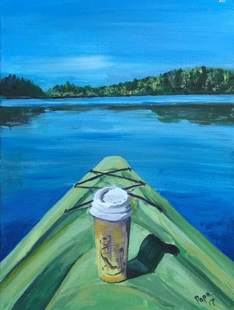 Acrylic painting - Linda's relaxing kayak ride Canoe Painting Acrylic, Paint Kayak, Kayak Painting Acrylic, Paddle Board Painting, Granola Painting Ideas, Canoe Painting Ideas, Camping Painting Ideas, Advanced Paintings, Camping Painting Easy