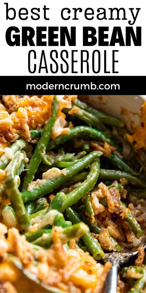 This easy green bean casserole is a must make for Thanksgiving. It's creamy, cheesy and topped with crispy fried onion rings. It's a classic side dish that can be made with either fresh or frozen green beans. Potato Green Bean Casserole, Green Bean Cassarole, Easy Green Bean Casserole, Thanksgiving Green Beans, Fresh Green Bean Casserole, Fried Onion Rings, Creamy Green Beans, Best Green Bean Casserole, Classic Green Bean Casserole