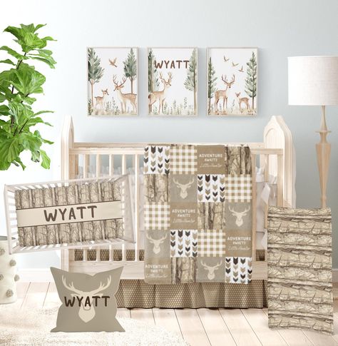 This Rustic Deer Crib Bedding Set brings a cozy, woodland-inspired charm to your baby's nursery. Featuring neutral earth tones, deer and antler prints, plaid patterns, and rustic textures, this bedding set is perfect for a hunting or forest-themed baby room. With personalization options, it makes a unique and thoughtful baby shower gift or the perfect crib set for your little adventurer. 2PC Small Minky Set: *small minky blanket 30" x 40" *crib sheet 3PC Small Minky Set: *small minky blanket 30" Hunting Nursery Decor, Woodland Baby Bedding, Hunting Nursery, Neutral Earth Tones, Thoughtful Baby Shower Gifts, Nursery Decor Neutral, Patchwork Blanket, Nursing Pillow Cover, Crib Bedding Set