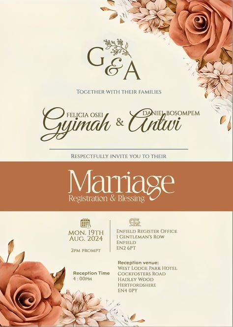 Marriage invitation designed by Oppomence, Ghana. Contact us on 0247369275 Wedding Poster Design, Wedding Flyers, Brochure Cover Design, Unique Wedding Cards, Poster Template Design, Africa Art Design, Cake Logo Design, Marriage Invitations, Church Poster Design