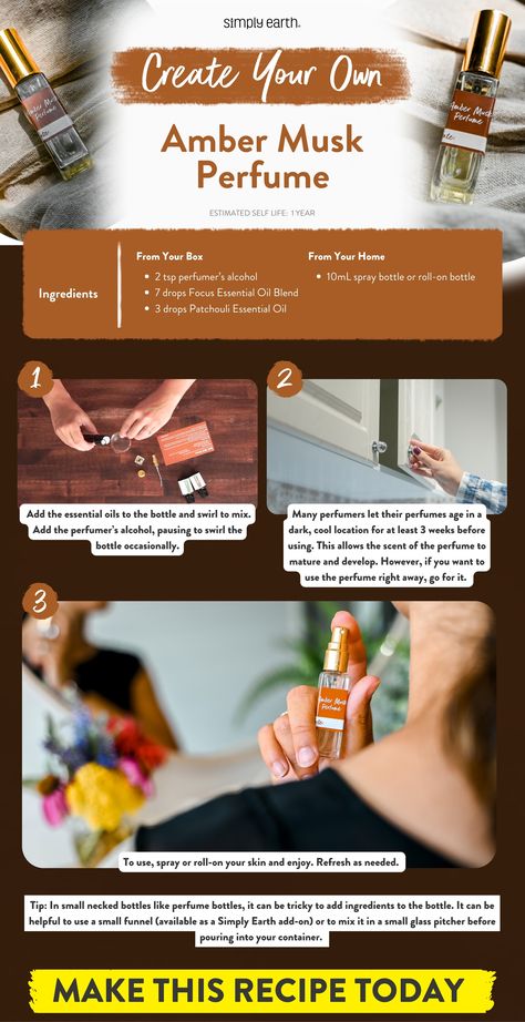 ✨ DIY Perfume Lovers, this one’s for you! ✨ Today, we’re crafting a luxurious Amber Musk Perfume that’s eco-friendly and super easy to make at home. 🌿💧   No synthetic ingredients here—just pure, natural goodness! Ready to create an unforgettable scent?   #SimplyEarth #essentialoils #DIYrecipes How To Make Own Perfume, Focus Essential Oil Blend, Diy Perfume Recipes, Essential Oils Focus, Homemade Perfume, Simply Earth, Organic Perfume, Musk Perfume, Essential Oil Carrier Oils