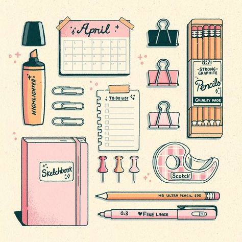 How To Design Stationery, Stationary Illustration, Journal Illustrations, Notebook Illustration, Stationery Drawing, Doodle Aesthetic, Journal Illustration, Digital Bullet Journal, Vintage Pencil