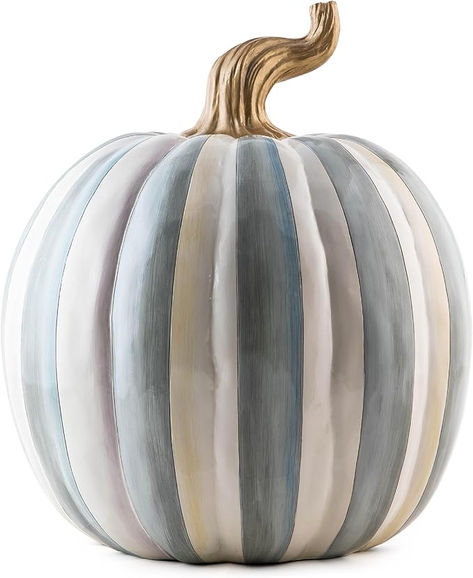 Amazon.com: MACKENZIE-CHILDS Medium Pumpkin, Resin Halloween Home Decor, Gray-and-White Sterling Stripe : Home & Kitchen Indoor Fall Decor, Resin Pumpkin, Elegant Halloween Decor, Decorative Pumpkin, Pumpkin Decorations, Elegant Halloween, Tabletop Display, Chinoiserie Chic, Halloween Home