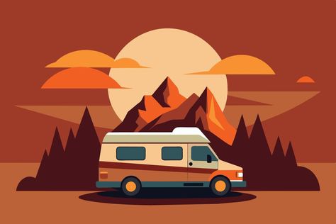 Camper van illustration with rocks and mountains. RV vehicle standing on rocks on the sunset. Vanlife Illustration, Campervan Illustration, Rv Illustration, Camper Van Illustration, Van Illustration, Rv Vehicle, Rocks And Mountains, Cityscape Photos, Logo Banners