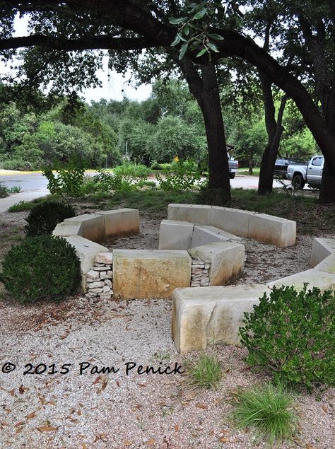 Council ring (spiral?) created from limestone blocks, stacked limestone pieces, and boxwood balls. Cool! Blowsy autumn beauty at Rollingwood Waterwise Garden | Digging Limestone Blocks Landscaping, Rock Patio, Limestone Block, Pool Pics, Land Ideas, Boxwood Balls, Waterwise Garden, Brick Garden, Resort Living