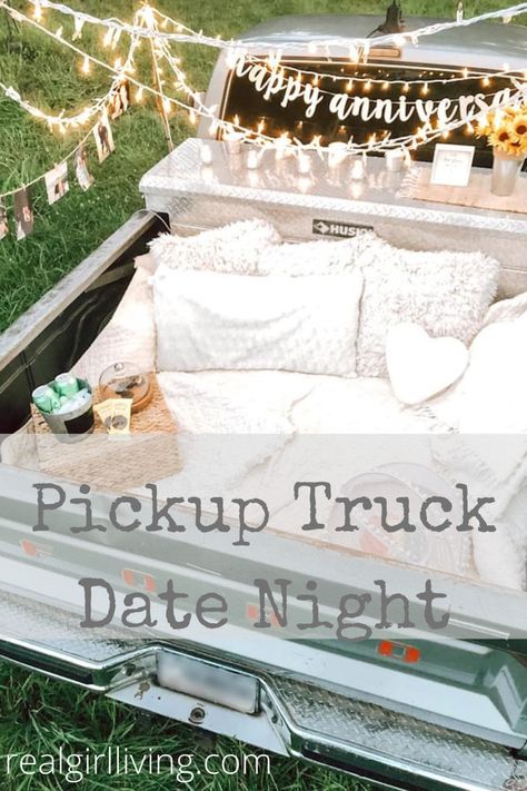 Pickup Truck decorated for the ultimate date night Pick Up Truck Date Night, Pickup Truck Bed Date Night, Pickup Bed Date Night, Picnic In Truck Bed, Cute Truck Bed Dates, Back Of Truck Date Night, Pickup Truck Date, Pick Up Truck Date, Truck Date