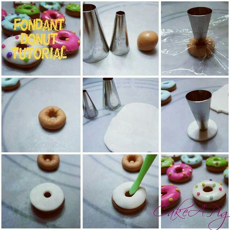 Fondant donut tutorial Easy Fondant Cupcakes, Fondant Donut, Donut Cake Topper, Donut Cupcakes, Donut Decorations, Buttercream Flower Cake, Fondant Cupcake Toppers, Cake Topper Tutorial, Doughnut Cake