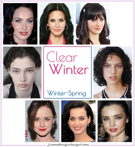 Clear Winter, Winter-Spring seasonal color celebrities by 30somethingurbangirl.com Clear Spring Makeup, Palette Hair Color, Winter Skin Tone, Seasonal Color Palette, Clear Winter, Clear Spring, Winter Color Palette, Winter Typ, Seasonal Color Analysis