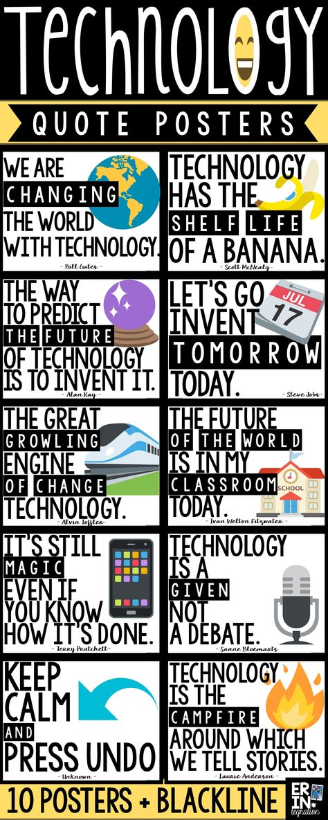 Technology quote posters, technology classroom decor, Emoji classroom decor, Emojis in the classroom, technology posters, technology bulletin board For more great technology information, please click the link, and like the page. Thank you. Technology Classroom Decor, Emoji Classroom Decor, Digital Learning Educational Technology, Color Ombre Hair, Technology Bulletin Board, Computer Lab Decor, Computer Classroom, Technology Classroom, Tech Apps