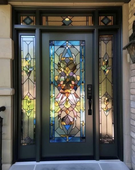 Stained glass front door.  Credits unknown. Stained Glass Windows Front Door, Stained Glass Entry Doors, Front Door Entrance Interior Foyers, Door With Glass Design, Stain Glass Front Door, Stained Glass Doors Entrance, Stain Glass Door, Front Door Sidelights, Ghibli House