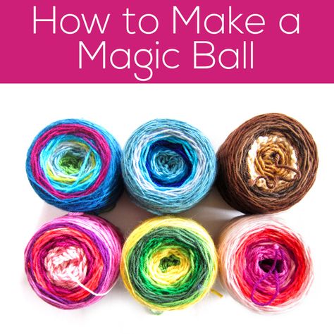 Have you heard of a Magic Ball? It’s a ball of yarn that changes colors and textures as you work. It’s something offered by a number of artisan yarn makers… but it’s also something you can make yourself with your leftover yarn! Besides ending up with an awesomely fun end-product… you’ll finally get to use … Leftover Yarn Project, Make Pom Poms, Scrap Yarn Crochet, Artisan Yarn, Leftover Yarn, Knitting Hacks, Main Table, Magic Ball, Pillow Projects