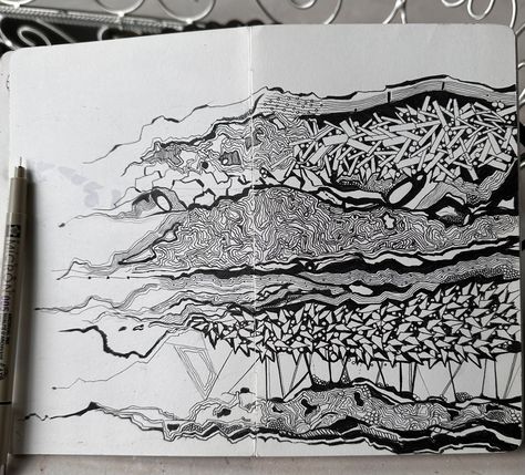 #draw, #sketch, #doodle, #Art, #interpretive landscape, #drawing, #penandink, #micron, #zentangle art Watercolor Micron Pen, Abstract Pen Drawings, Micropen Drawing Doodle Art, Sketch With Micron Pen, Zendoodle Landscape, Abstract Micron Pen Art, Black Ink Art, Intuitive Art, Pen Sketch