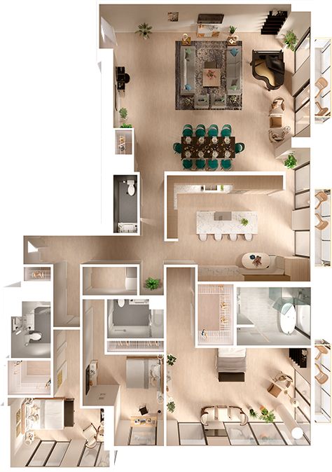 Penthouse 3D Floor Plan | Top View #3D Floor Plans | #floorplans #3D #3Dfloorplans #penthouse Story References, Sims 4 Modern House, Sims4 House, 3d Floor Plans, 3d Floor Plan, 3d House Plans, Plan Layout, Sims Builds, Apartment Floor Plan