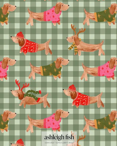 Doxie Christmas- I’ve hand painted the cutest wee dachshund dogs in fun festive outfits and paired them with a fun gingham background. This watercolor pattern is perfect for the holiday season!   Available for art licensing from Ashleigh Fish  #artlicensing #artforlicensing #surfacepatterndesigner #patterndesign #patternmaking #surfacepattern #patternlicensing #textilepattern  #fabriccollection #doxiechristmas #dogart #dogartist #watercolordog #christmasdog #ginghampattern Gingham Background, Dachshund Dogs, Festive Outfits, Dog Artist, Holiday Wallpaper, Watercolor Dog, Art Licensing, Art Collage Wall, Dachshund Dog