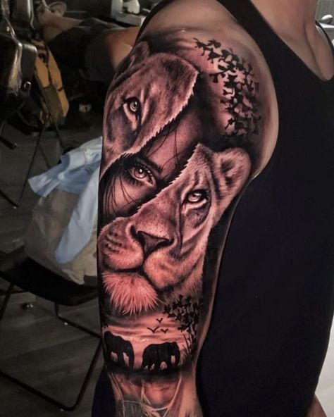 Skull Lion Tattoo, Lion Tattoo Sleeve, Safari Tattoo, Tiger Tattoo Sleeve, Lion Tattoo Sleeves, Lion Tattoos, Design Sketchbook, Tiger Tattoo, Eye Tattoo