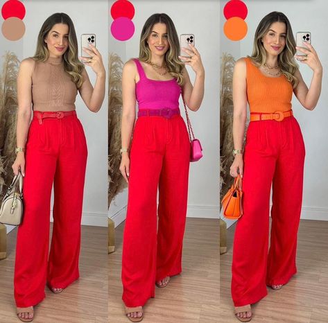 Outfit Pantalon Rojo, Red Pants Outfit, Colour Combinations Fashion, Color Combos Outfit, Color Blocking Outfits, Color Combinations For Clothes, Red Pants, Red Outfit, Work Outfits Women