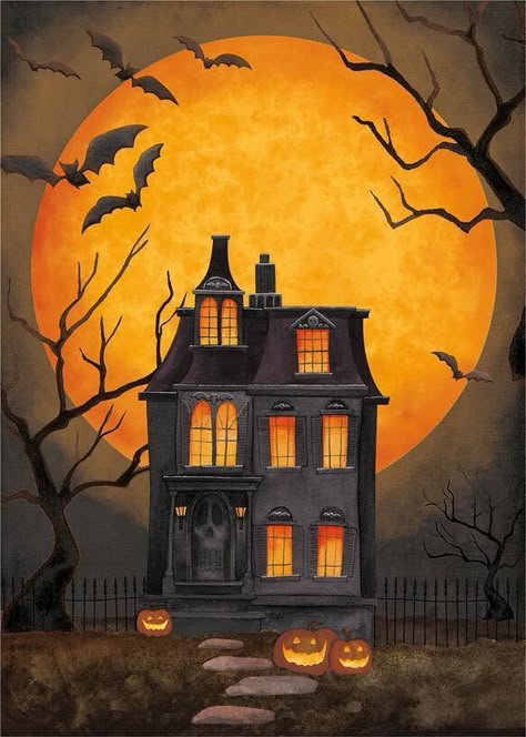 Haunted House Acrylic Painting, Spooky House Painting, Spooky House Drawing, Halloween Window Painting, Scary Halloween Art, Halloween Art Painting, Haunted House Painting, Paintings Halloween, Art Print Quotes