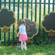 Chalkboard Tree, Fence Murals, Painted Fences, School Ground, Eco School, Toddler Garden, Outdoor Chalkboard, Preschool Playground, Special Needs Toys