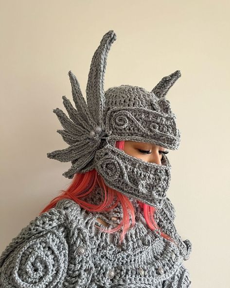 crochet armor by katelyn tatay Crochet Armor Pattern, Crochet Armor, Crochet Knight, Crochet Cosplay, Crochet Hood, Medieval Armor, August 17, Clever Crafts, Crochet Ideas