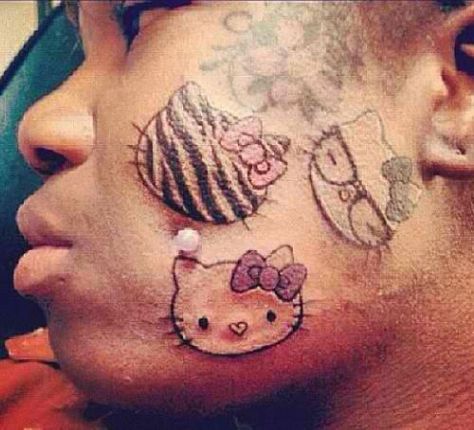 Love hello kitty but these facial tattoos are icky! Poor girl! Fail Tattoos, Bad Face Tattoos, Dumbest Tattoos, Awful Tattoos, Really Bad Tattoos, Tattoos Gone Wrong, Horrible Tattoos, Terrible Tattoos, Hello Kitty Tattoo