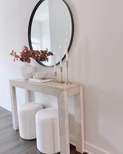 Entryway Neutral Console table styling ✨ My new boucle ottomans from @getsetstylefurniture was the perfect touch for these console. 🏡💖… | Instagram Neutral Console Table, Entryway Neutral, Fall Stems, Modern Decorations, Dining Room Console, Console Table Styling, Scandi Decor, Soft Minimalism, Amazon Must Haves